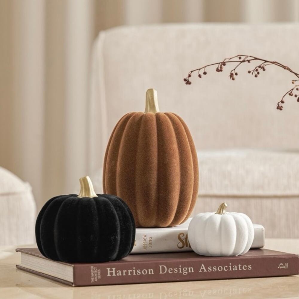 NIB 3 Pcs Faux Fall Pumpkin Decorations Thanksgiving Autumn Orange Brown White
